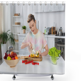 Personality  Young Bigender Person Cutting Bell Pepper Near Lettuce, Cherry Tomatoes And Fruits Shower Curtains