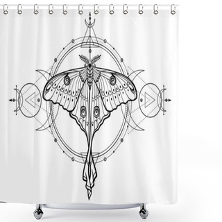 Personality  Mystical Drawing: Tropical Butterfly, Sacred Geometry, Moon Phases, Energy Circles. Alchemy, Magic, Esoteric, Occultism. Monochrome Vector Illustration Isolated On A White Background Shower Curtains