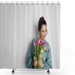Personality  Portrait Of A Beautiful Young Girl Holding Big Bouquet Of Tulips Isolated Over White Background Shower Curtains
