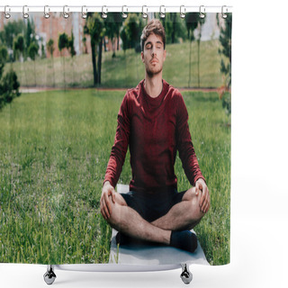 Personality  Handsome Young Man Meditating While Sitting On Fitness Mat In Park  Shower Curtains