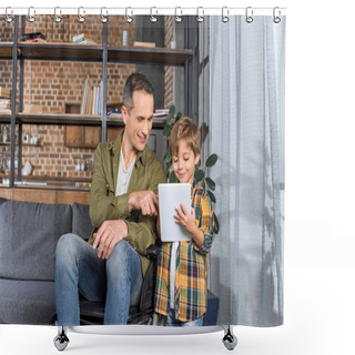 Personality  Father In Wheelchair And Son Using Tablet Shower Curtains