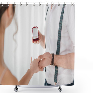 Personality  Cropped View Of Man Holding Hand Of Young Woman And Making Marriage Proposal  Shower Curtains