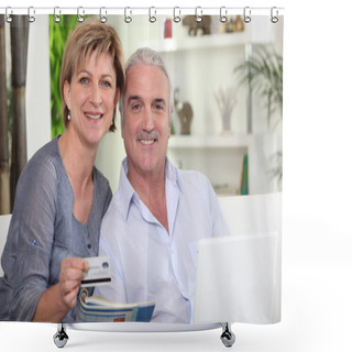 Personality  Middle-aged Couple All Smiles With Computer Sharing Moment Shower Curtains