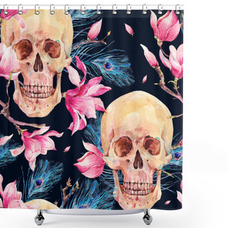 Personality  Watercolor Seamless Pattern With Skull And Magnolia Shower Curtains
