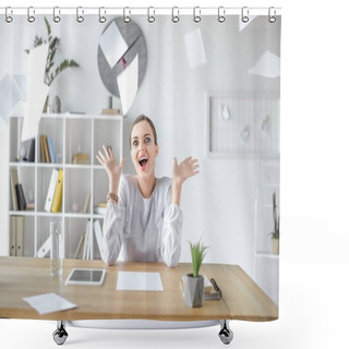 Personality  Cheerful Businesswoman Sitting At Desk In Office Shower Curtains