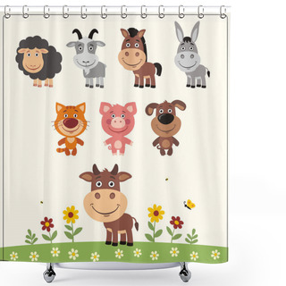 Personality  Collection Of Farm Animals In Cartoon Style On Summer Meadow  Shower Curtains