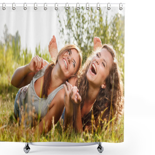 Personality  Two Girlfriends Lying Down On Grass Shower Curtains