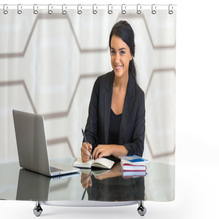 Personality  Office Consultant Executive Woman Business Finance In Suit Smiling While Working Shower Curtains