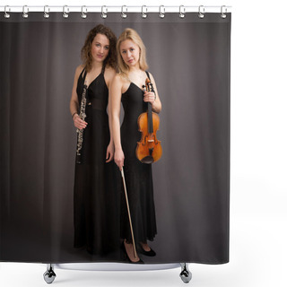 Personality  Beautiful Young Female Classical Music Duo Shower Curtains
