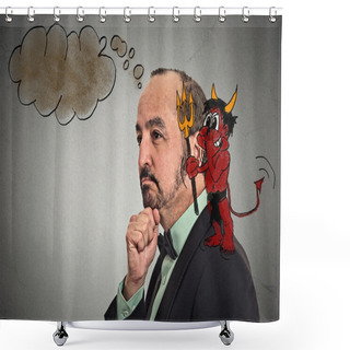 Personality  Middle Aged Guy With Sketched Devil On His Shoulder Whispering In His Ear  Shower Curtains
