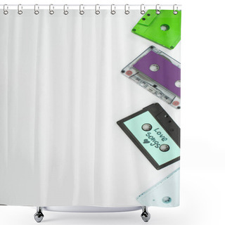 Personality  Top View Of Green, Purple And Turquoise Cassettes On White Background Shower Curtains