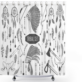 Personality  Hand Drawn Tribal Set With Bows, Axes, Arrows, Feathers, Dreamcatchers, Bull Skulls, War Headdress Elements. Vector Ethnic, Indian, Aztec, Hipster Illustration. Shower Curtains