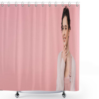 Personality  Tricky And Smiling Woman Touching Chin And Winking At Camera Isolated On Pink, Banner Shower Curtains
