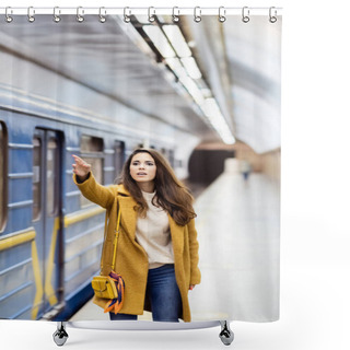 Personality  Young Woman In Autumn Outfit Gesturing With Outstretched Hand Near Blurred Train On Metro Platform  Shower Curtains