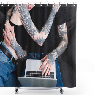 Personality  Cropped Image Of Tattooed Couple Using Laptop Shower Curtains