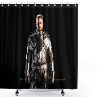 Personality  Handsome Knight In Armor Holding Sword Isolated On Black Shower Curtains