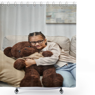 Personality  Happy Kid In Casual Wear And Eyeglasses Hugging Soft Teddy Bear And Sitting On Sofa In Living Room Shower Curtains
