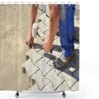 Personality  Worker Laying Interlocking Pavers Shower Curtains