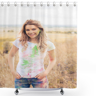 Personality  Attractive Woman In T-shirt Smiling And Looking At Camera  Shower Curtains