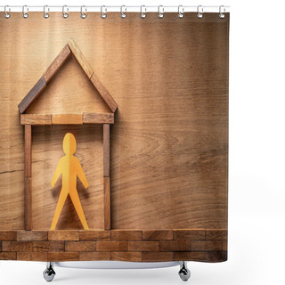 Personality  Paper Cutout Human Figure In A Wooden Block Made Home On Wood Background, Stay At Home During COVID-19 Virus Outbreak Concept With Room For Copy Space Shower Curtains