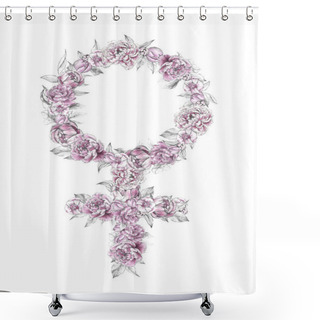 Personality  Symbol Of Feminist Movement. Venus Symbol. Girl Power. Feminist Symbol With Pink Peonies Flowers Decoration Shower Curtains