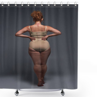 Personality  Back View Of Curvaceous Redhead Woman In Beige Lingerie With Hands On Waist On Dark Grey Backdrop Shower Curtains