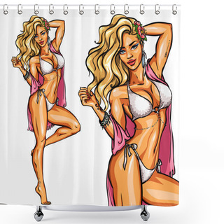 Personality  Party Girl In Bikini Isolated On White. Shower Curtains