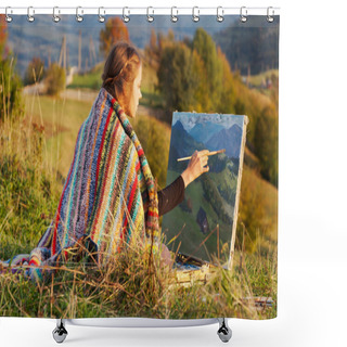 Personality  Young Artist Painting An Autumn Landscape Shower Curtains