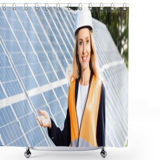 Personality  Panoramic Shot Of Businesswoman In Safety Vest And Hardhat Smiling And Looking At Camera  Shower Curtains