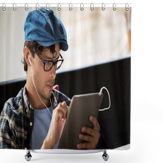 Personality  Close Up Of Man With Tablet Pc And Earphones Shower Curtains