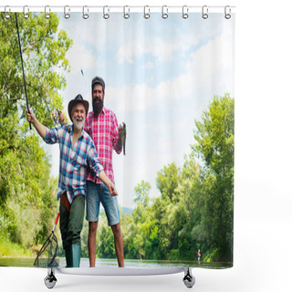 Personality  Elegant Bearded Man And Brutal Hipster Fishing. Cheerful Mature Fisherman Fishing In A River Outdoors. Fishing Freshwater Lake Pond River. I Am Retired. Shower Curtains