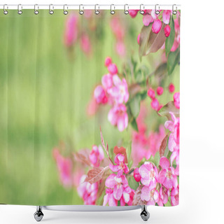 Personality  Branches With Pink Flowers On Blurred Green Background Shower Curtains