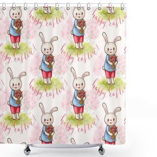Personality  Seamless Pattern With Funny Cartoon Bunnies. Drawing Watercolor And Ink.  Hand-drawn Illustration. Shower Curtains
