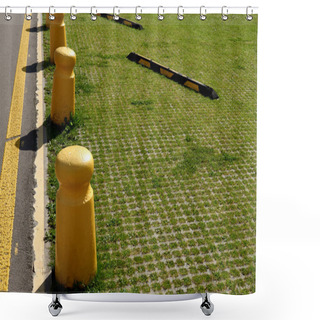Personality  Ecological Parking For Cars And A Green Grass. Eco Friendly Parking Lane Outdoor In Public Park. Shower Curtains