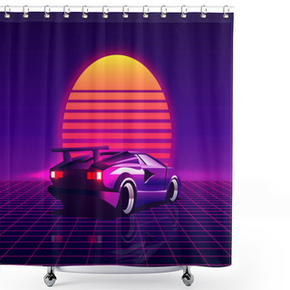 Personality  Retro Futuristic Back Side View 80s Supercar On Trendy Synthwave, Vaporwave, Cyberpunk Sunset Background. Back To 80s Concept. Template Design For Poster, Flyer Or Banner. Vector Illustration. Shower Curtains