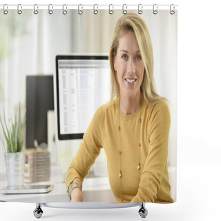 Personality   Blond Woman Smiling  In Office Shower Curtains