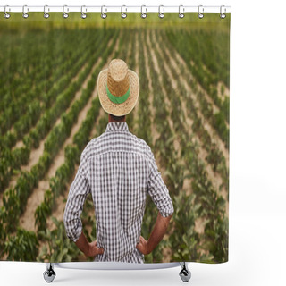 Personality  Farmer In Hat Standing On Green Field Shower Curtains