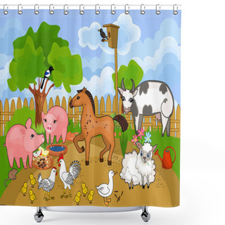 Personality  Rural Summer Landscape With Different Cartoon Farm Animals With Titles Shower Curtains
