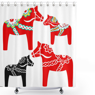Personality  Set Of Red Dala Horses - National Symbol Of Sweden From Dalarna. Vector Illustration Shower Curtains
