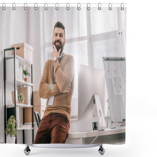Personality  Smiling Bearded Adult Businessman With Blank Security Tag Touching Chin And Looking At Camera In Office Shower Curtains