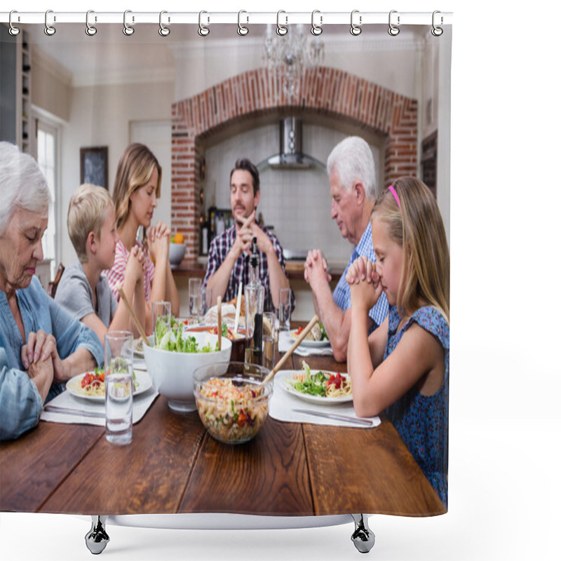 Personality  family praying before having meal shower curtains