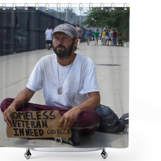 Personality  Homeless Veteran Pauses As He Begs For Money  Shower Curtains