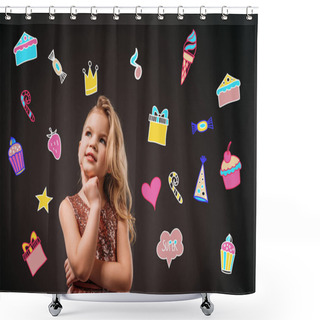 Personality  Adorable Thoughtful Child In Pink Dress, Isolated On Grey With Birthday Icons Shower Curtains
