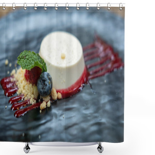 Personality  Panna Cotta Served On Plate With Berries And Sauce Shower Curtains