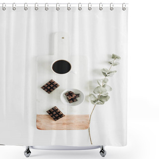 Personality  Coffee Cup And Dark Chocolate On Vintage Marble Cutting Board With Eucalyptus Branch On White Background. Flat Lay, Top View Breakfast Concept. Shower Curtains