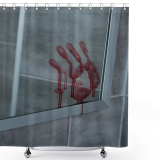 Personality  Selective Focus Of Bloody Handprint On Mirror In Bathroom Shower Curtains