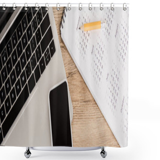 Personality  Panoramic Shot Of Smartphone On Laptop With Calendar And Pencil On Wooden Background Shower Curtains