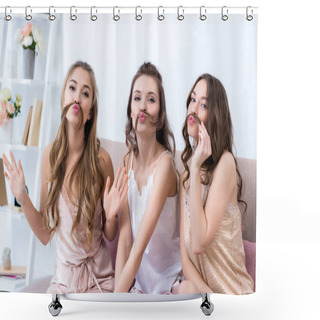 Personality  Beautiful Young Women In Pajamas Holding Hair As Moustaches And Smiling At Camera Shower Curtains