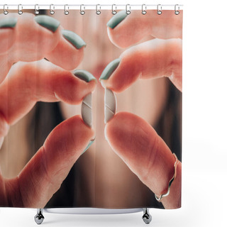 Personality  Partial View Of Woman Showing Crashed Pill In Hands Shower Curtains