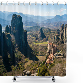 Personality  Orthodox Monastery On Rock Formations Near Mountains In Meteora  Shower Curtains